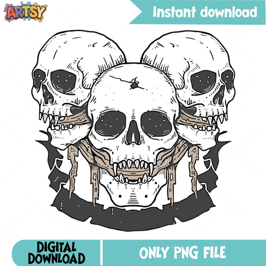 Three Skulls PNG, Halloween Skeleton Clipart, Horror Skull PNG