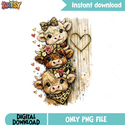 Three  baby cow png, flower vib png, heart poster png