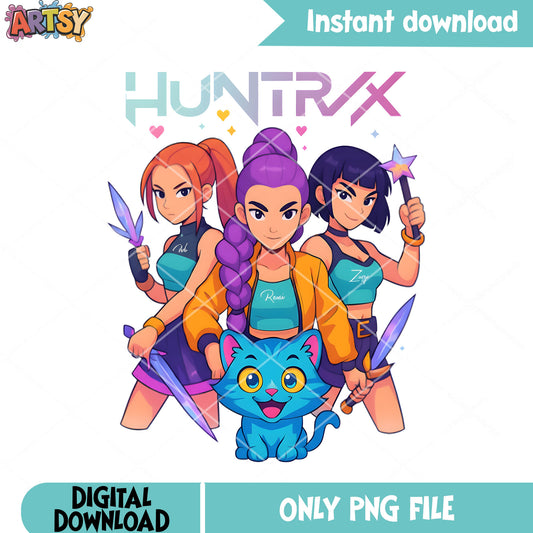 Three girl and derby cat png, mira huntrix png, rumi demon hunter png