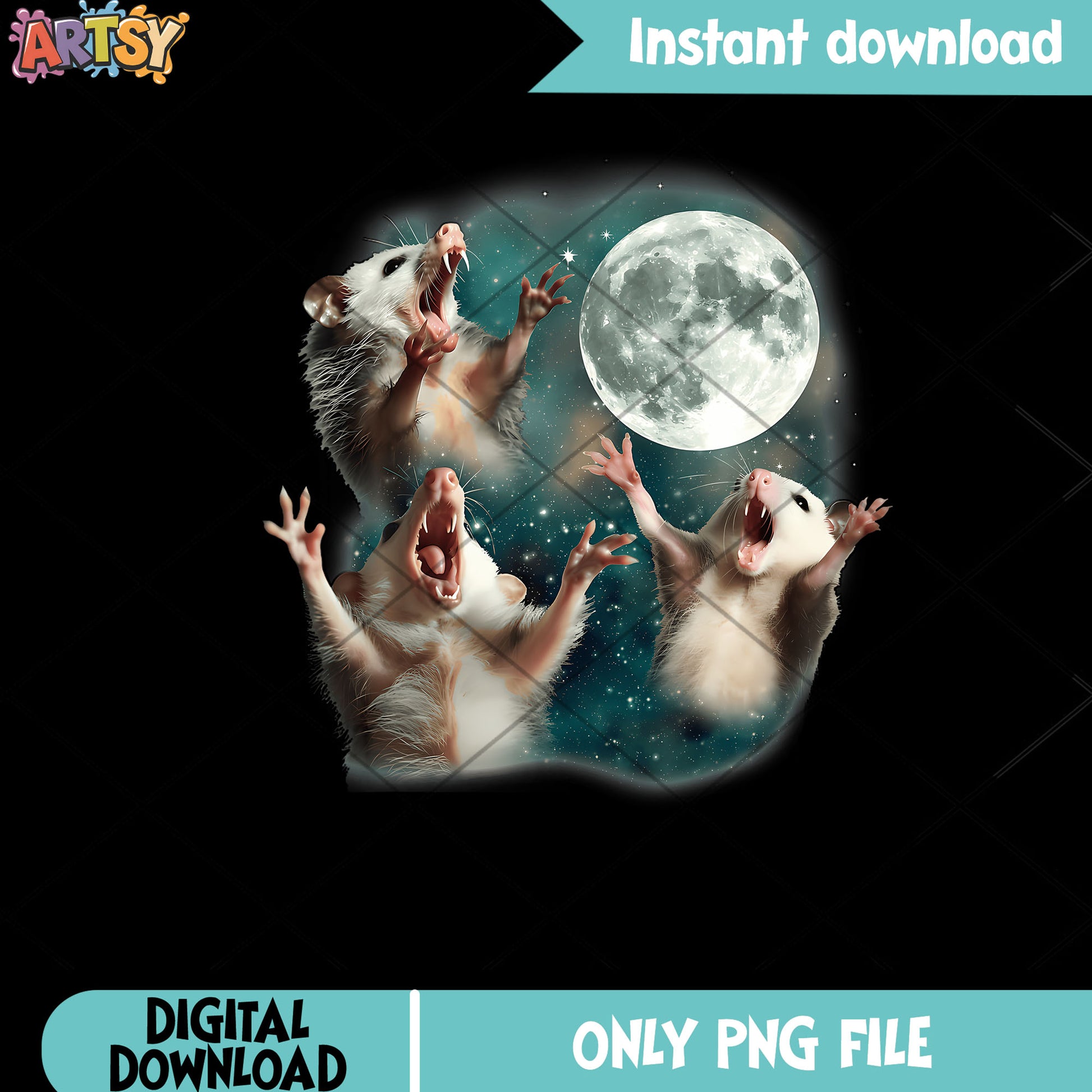 Three opossum starry night png, full moon night png, funny memes ​png