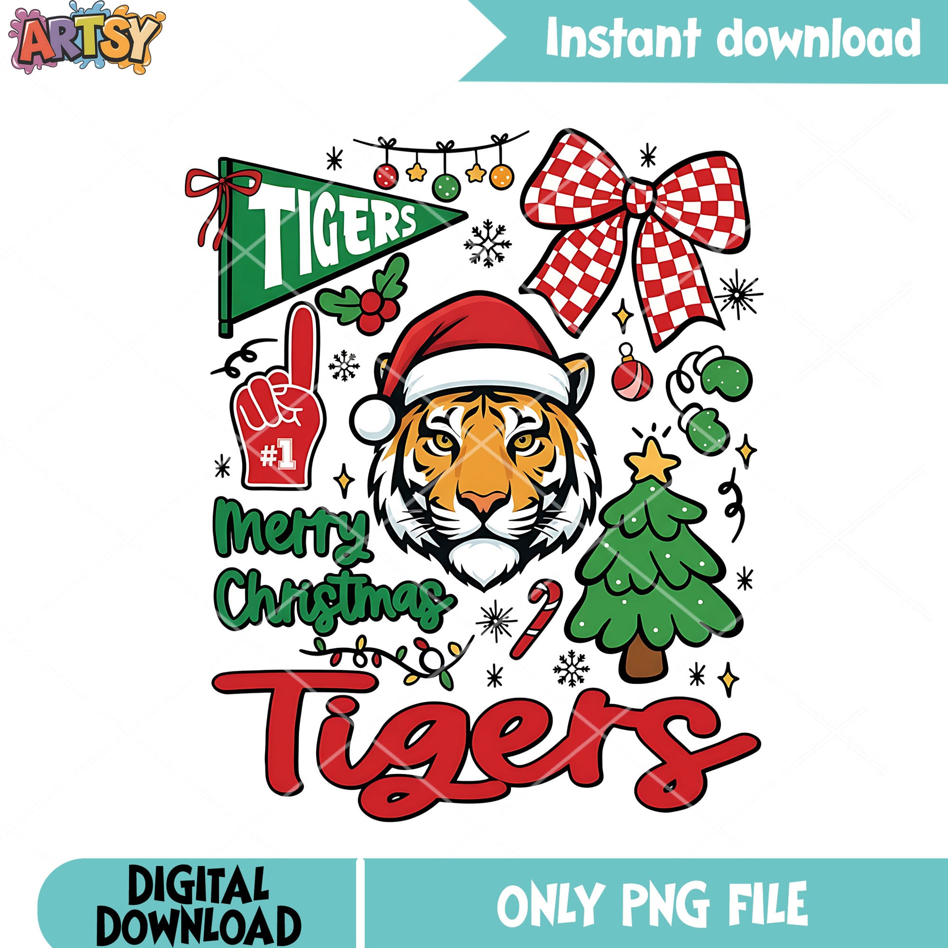Tiger christmas number 1 png, merry christmas png, candy cane png