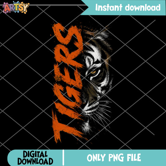 Tigers Half Face Grunge PNG, Tiger Eye Design PNG, Team Spirit PNG