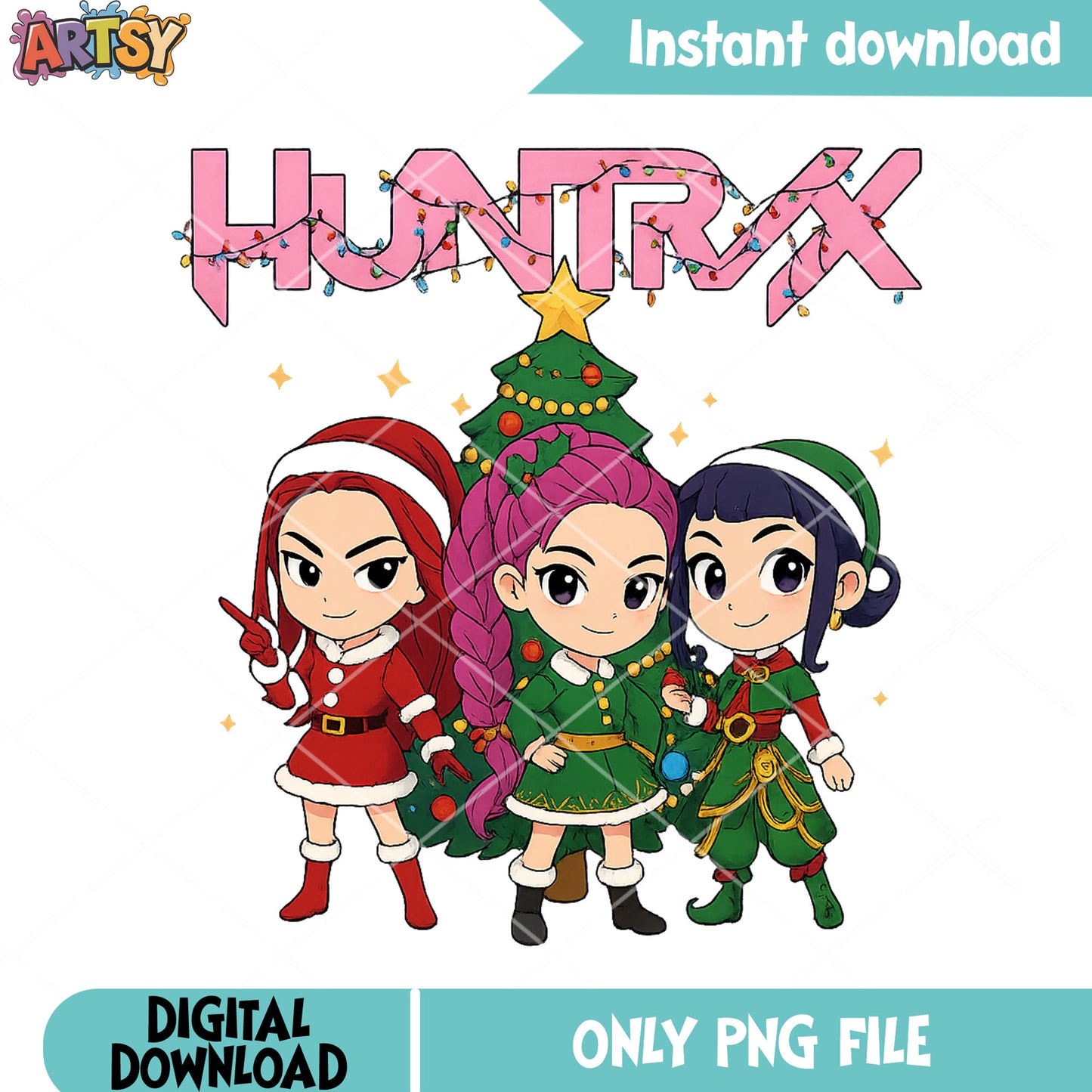 Tiny chibi christmas girl png, huntrix png, santa costume png