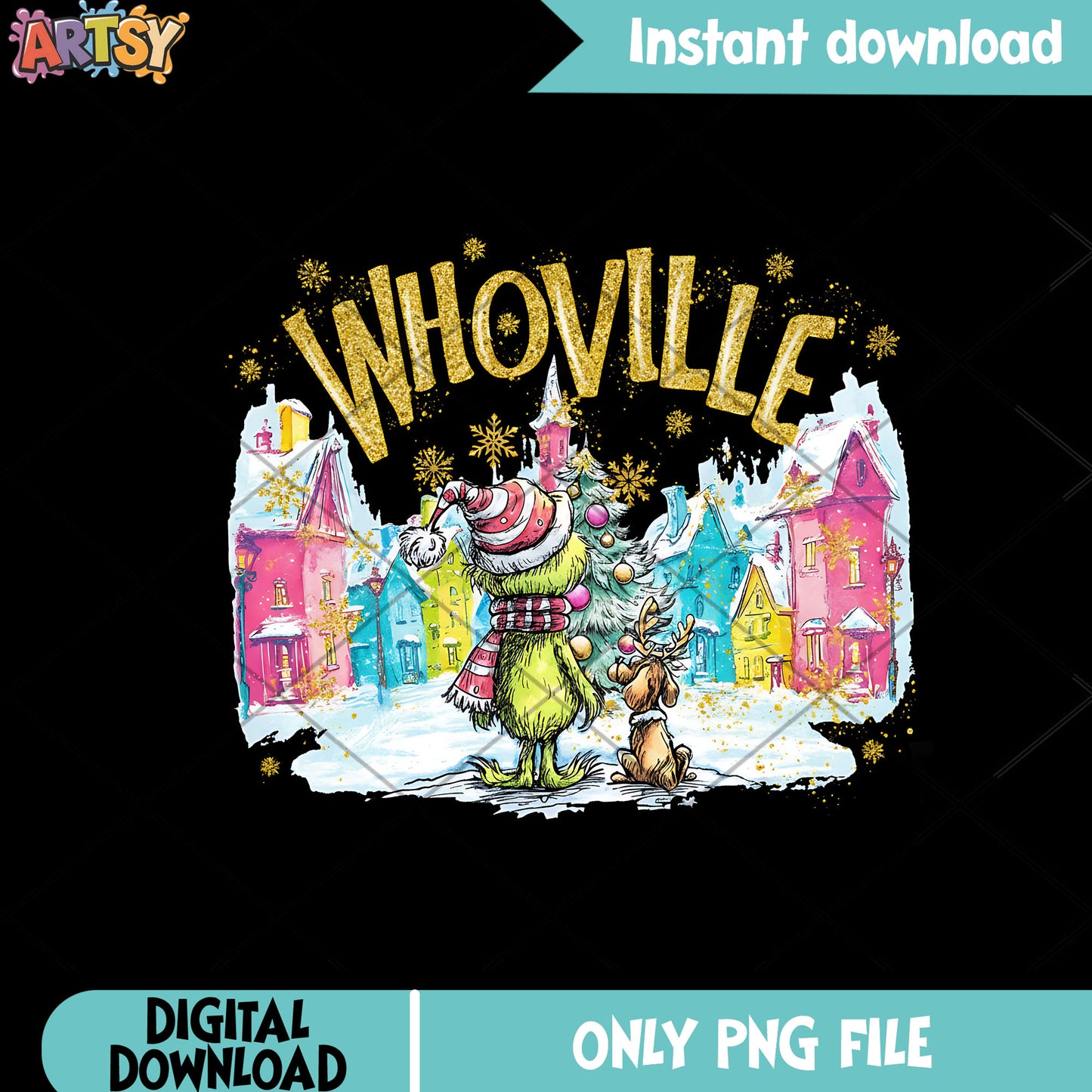 Tiny grinch and little max png, whoville town png, the grinch png