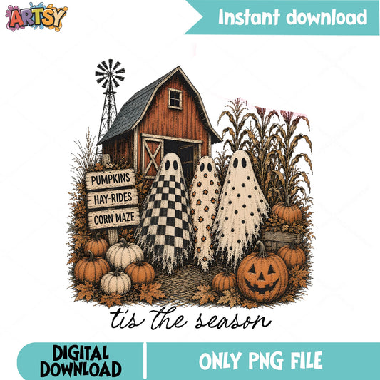 Tis The Season Halloween Farm Ghost PNG, Pumpkin Barn PNG, Fall PNG