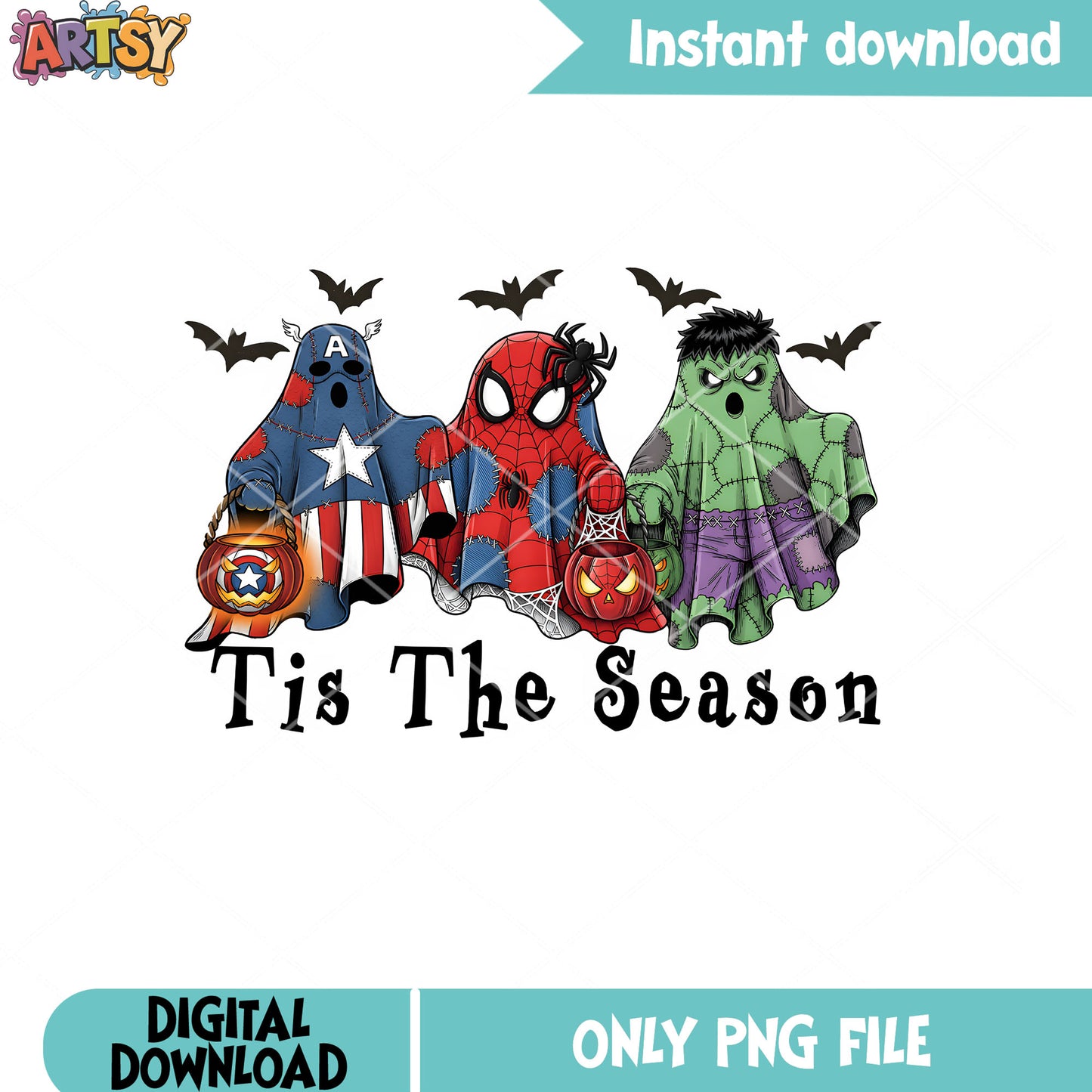 Tis the season Superhero ghosts png, marvel halloween png