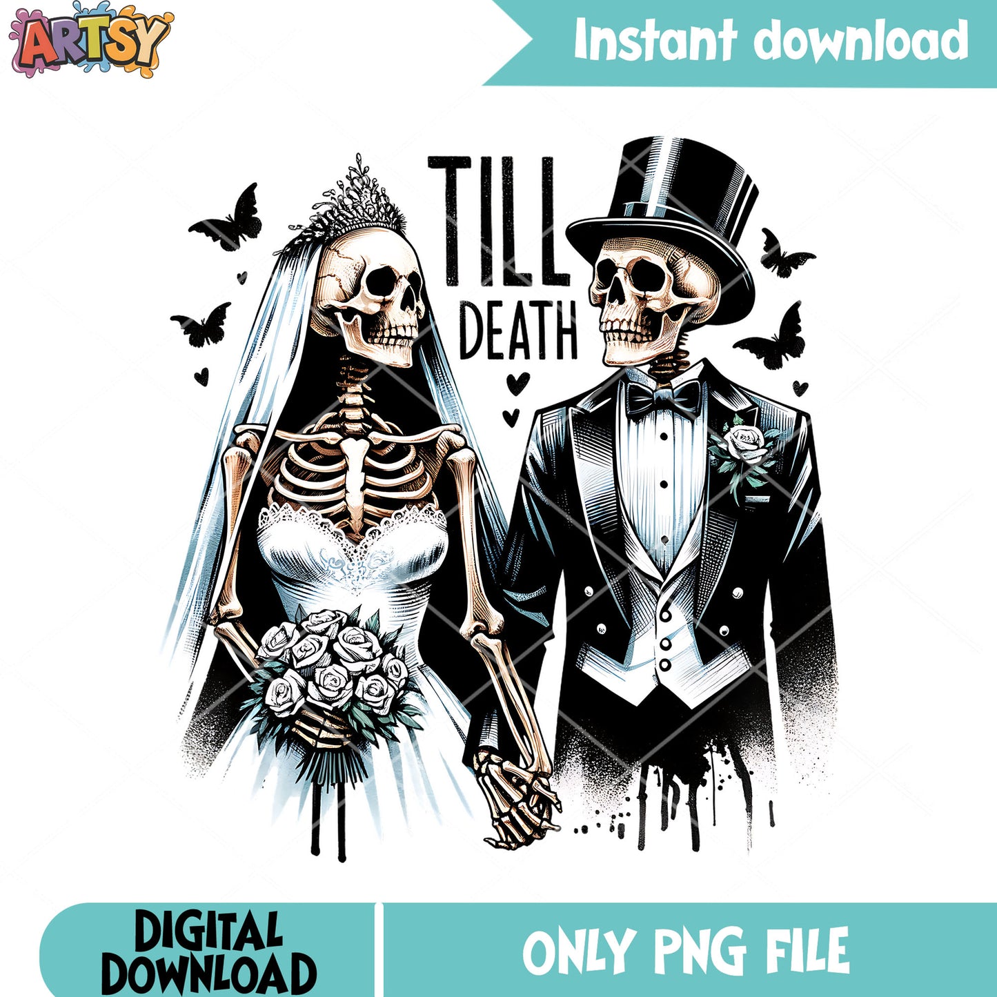 Together till death png, skeleton wedding png, halloween scary png