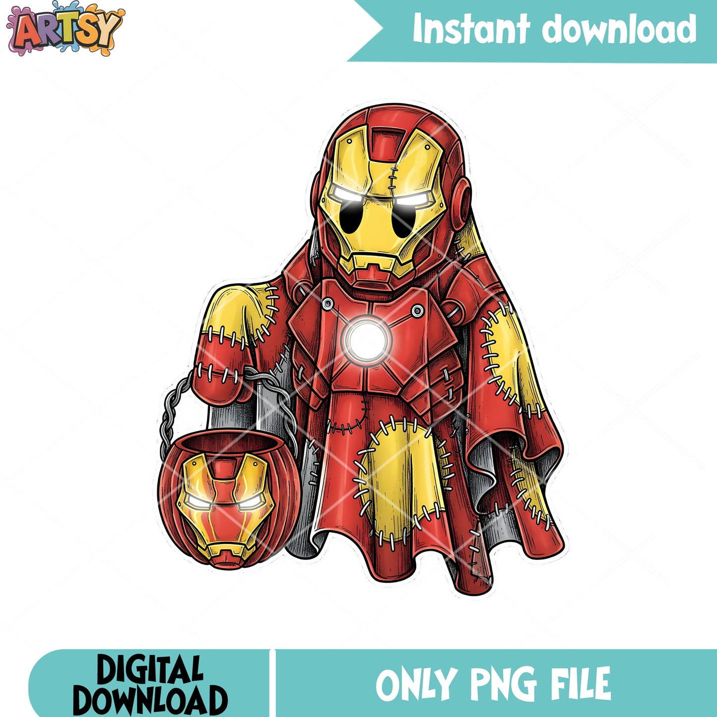 Tony stark ghost png, marvel halloween png, halloween bucket png