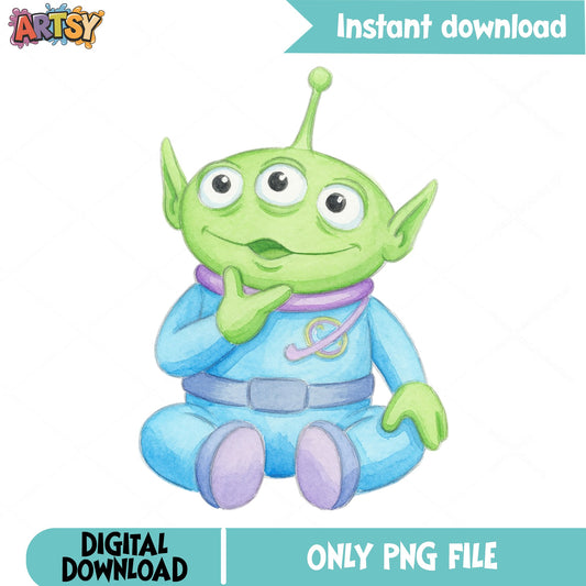 Toy Story Alien Watercolor PNG, Disney Pixar PNG, Little Green Man PNG