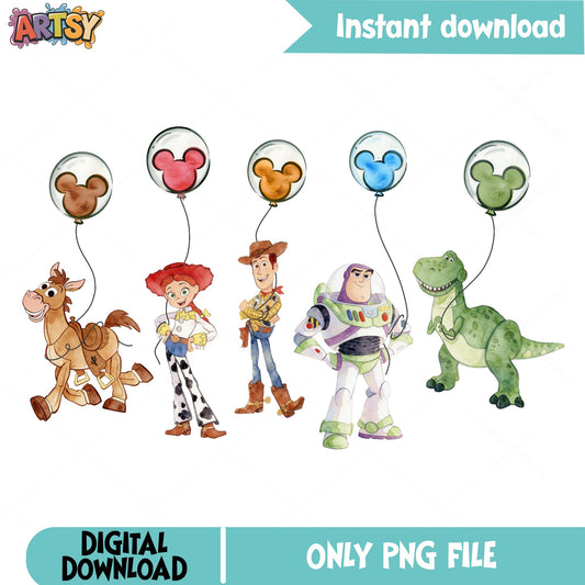 Toy Story Characters Watercolor PNG Bundle, Disney Pixar PNG, Woody Buzz PNG