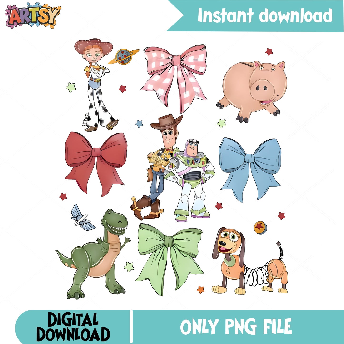 Toy Story Characters With Bows PNG Bundle, Disney Pixar PNG, Woody Buzz PNG
