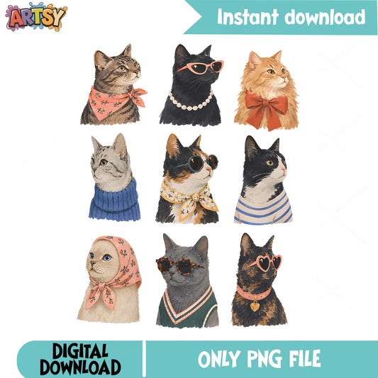 Trendy Cats Clipart Bundle PNG, Fashionable Cat PNG, Cat Lover PNG