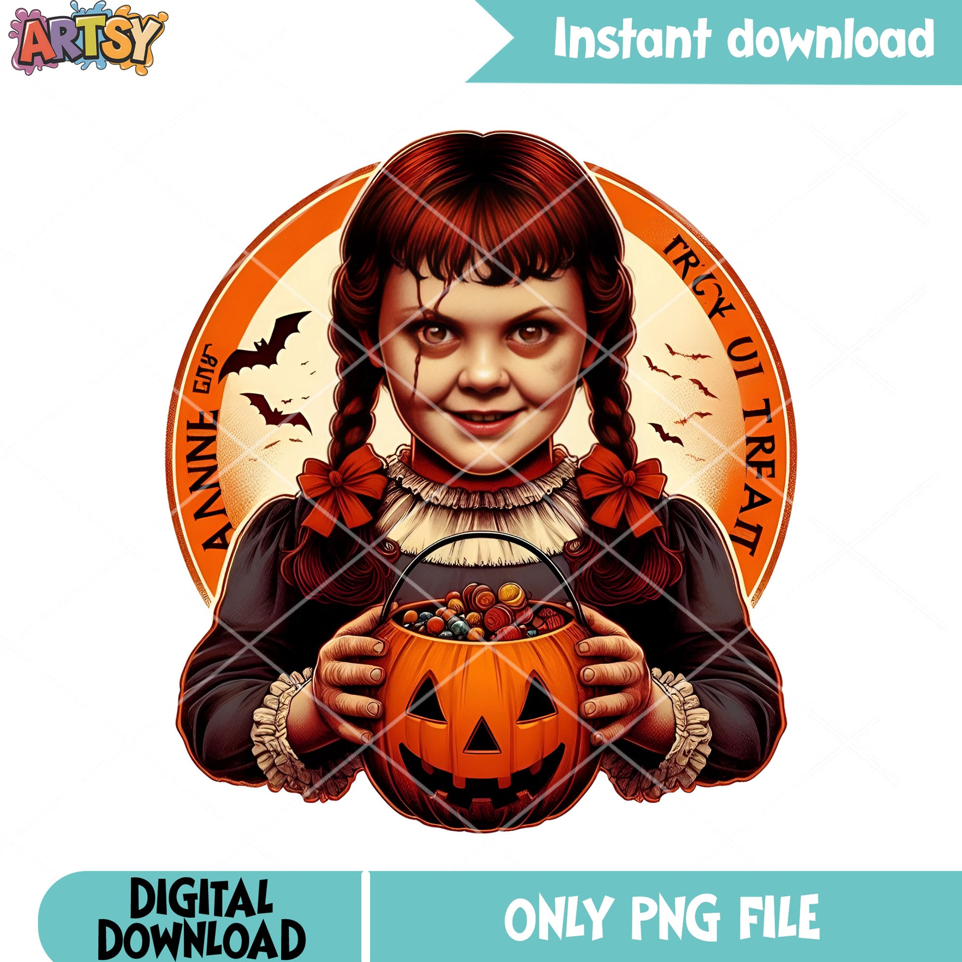 Trick or treat Annabelle png, wicker pumpkin png, crazy halloween night png 