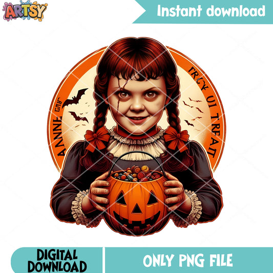 Trick or treat Annabelle png, wicker pumpkin png, crazy halloween night png 