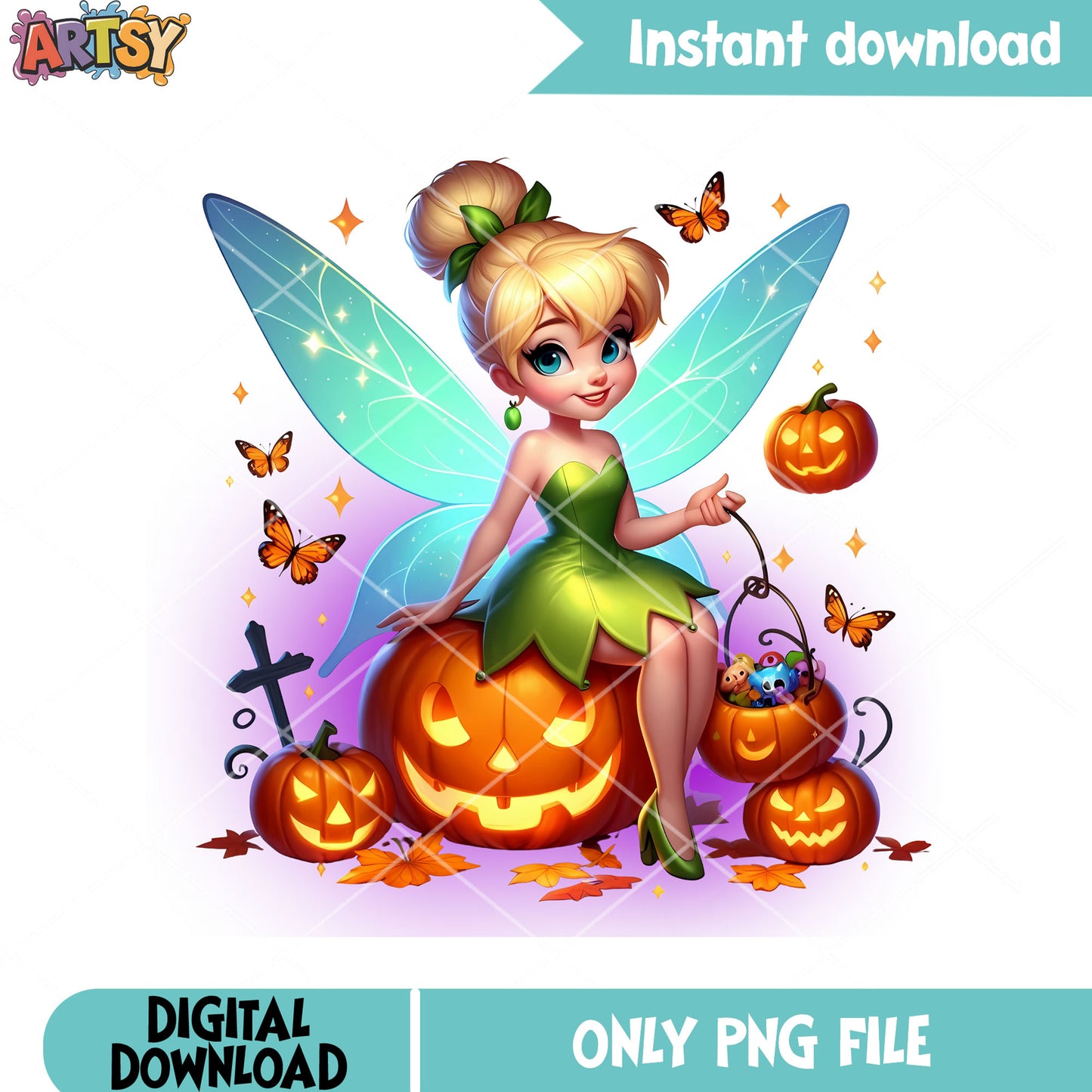 Trick or treat fairy pumpkin png, tinker bell png, cute halloween png