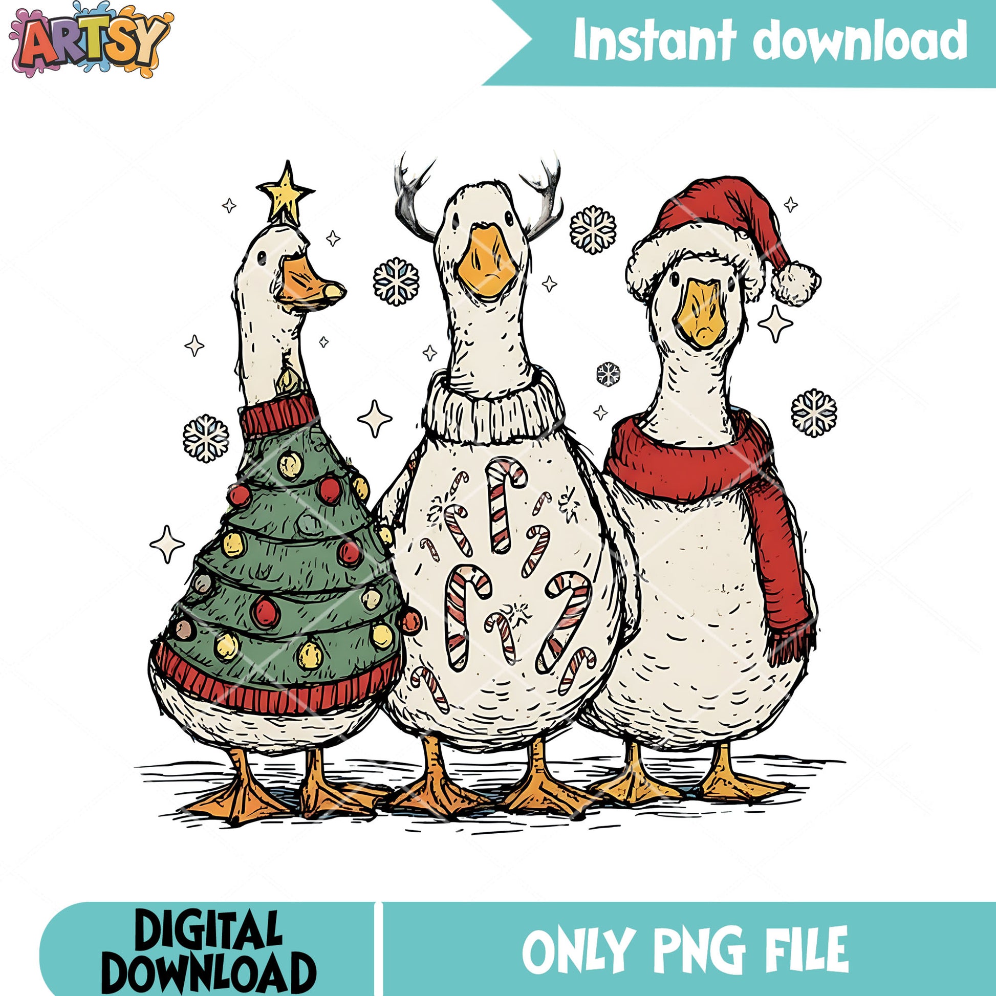 Trio christmas goose png, santa hat png, christmas sweater png