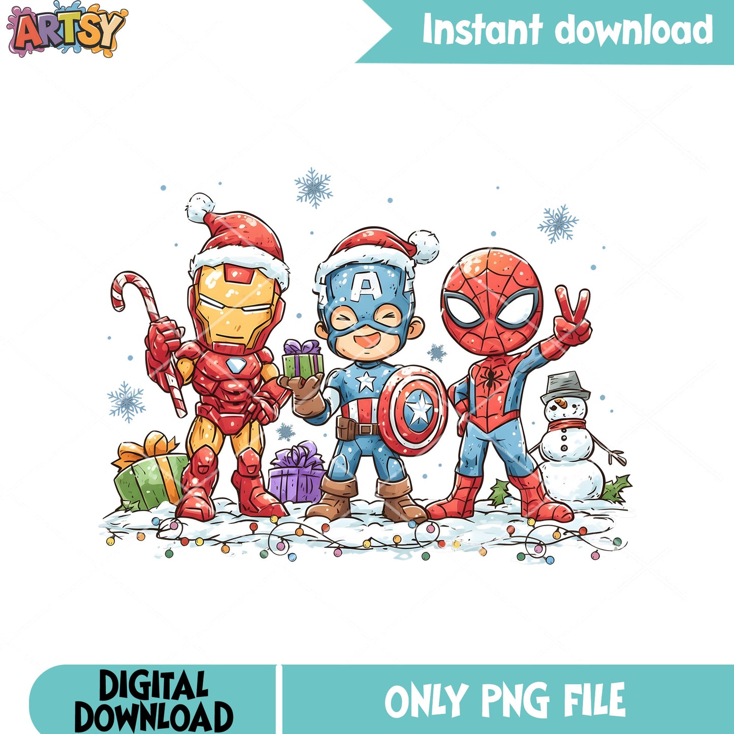 Trio super heroes christmas png, christmas present png, snowflake png