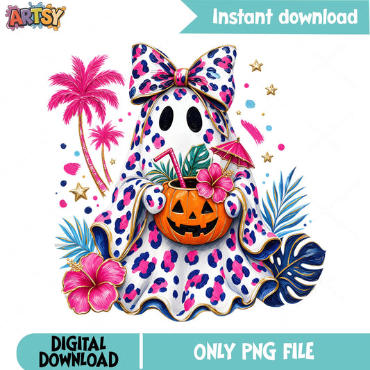 Tropical Halloween Ghost PNG, Leopard Bow Coquette Ghost, Halloween PNG