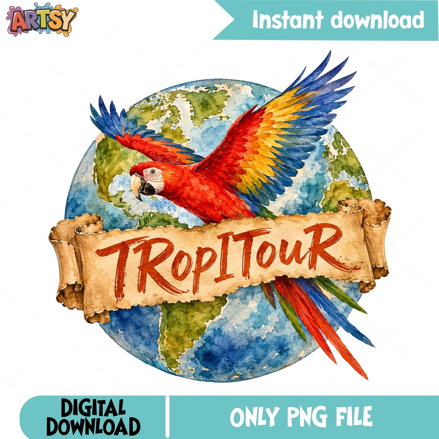 Tropitour Parrot PNG, Tropical Macaw Globe Design PNG, Summer PNG