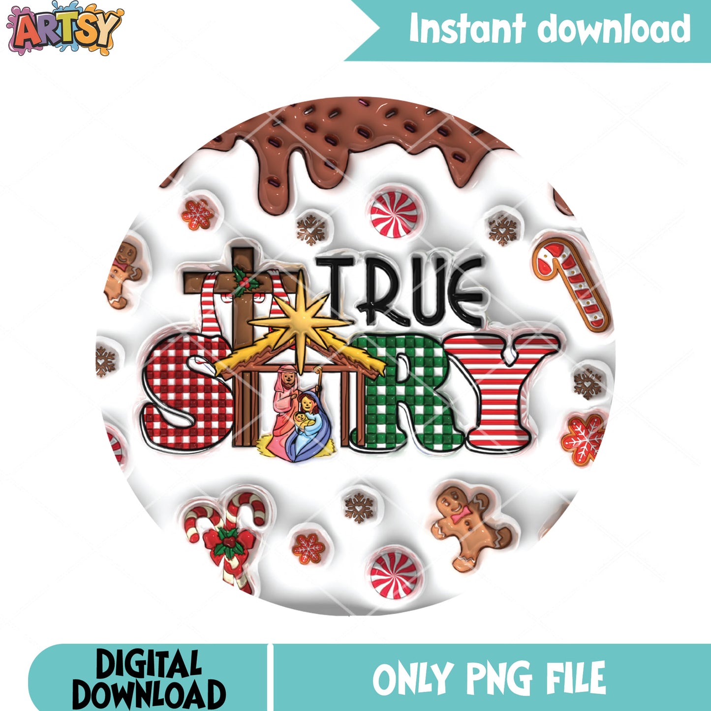True story christmas png, christian christmas png, round ornament png
