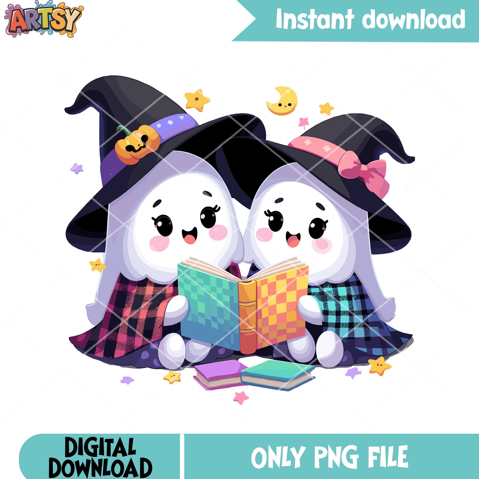 Two spirit read book together, starry night png, scary night png