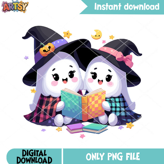 Two spirit read book together, starry night png, scary night png