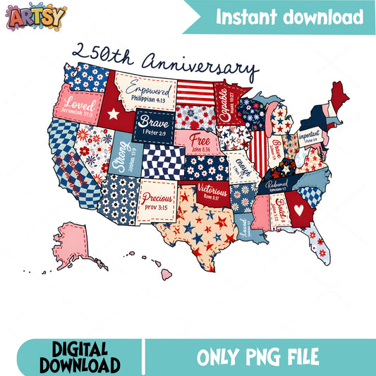 USA 250th Anniversary Bible Verse PNG, Patriotic Map PNG, 4th Of July PNG