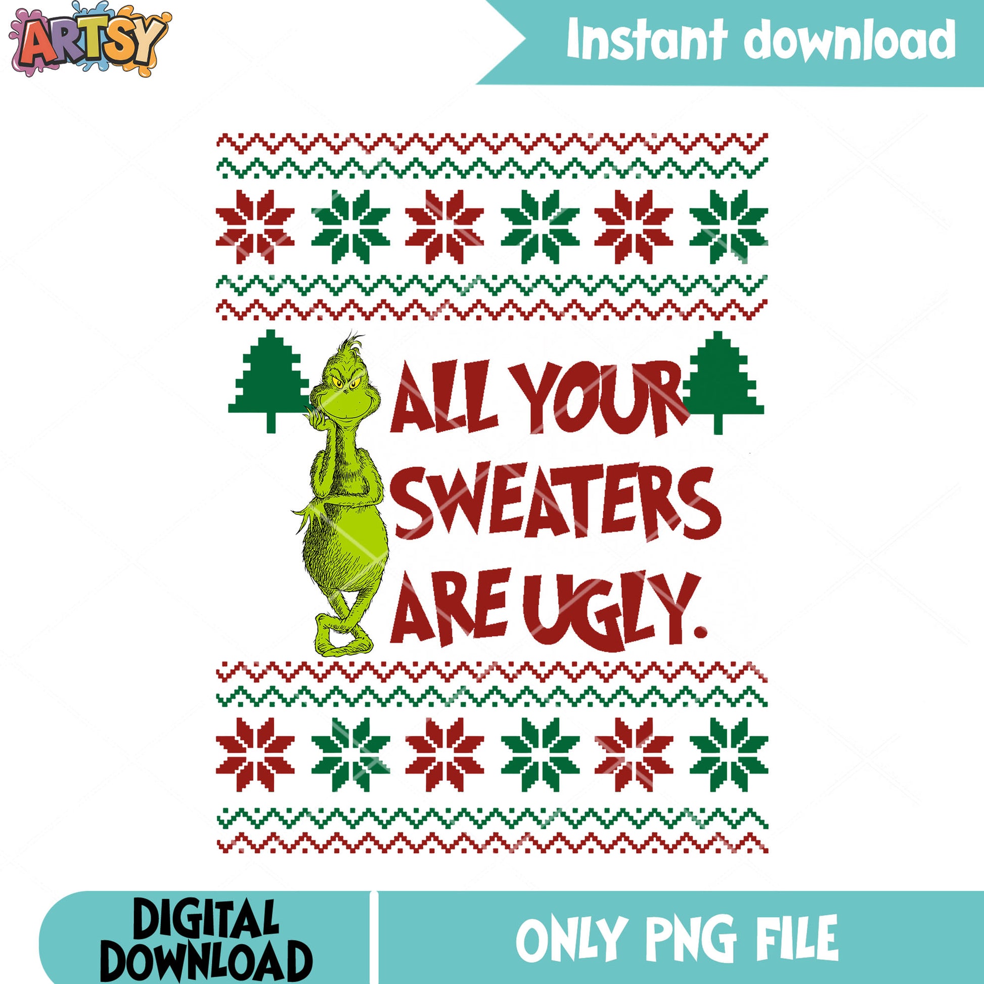 Ugly knitted sweaters png, christmas tree png, grinch pose funny png