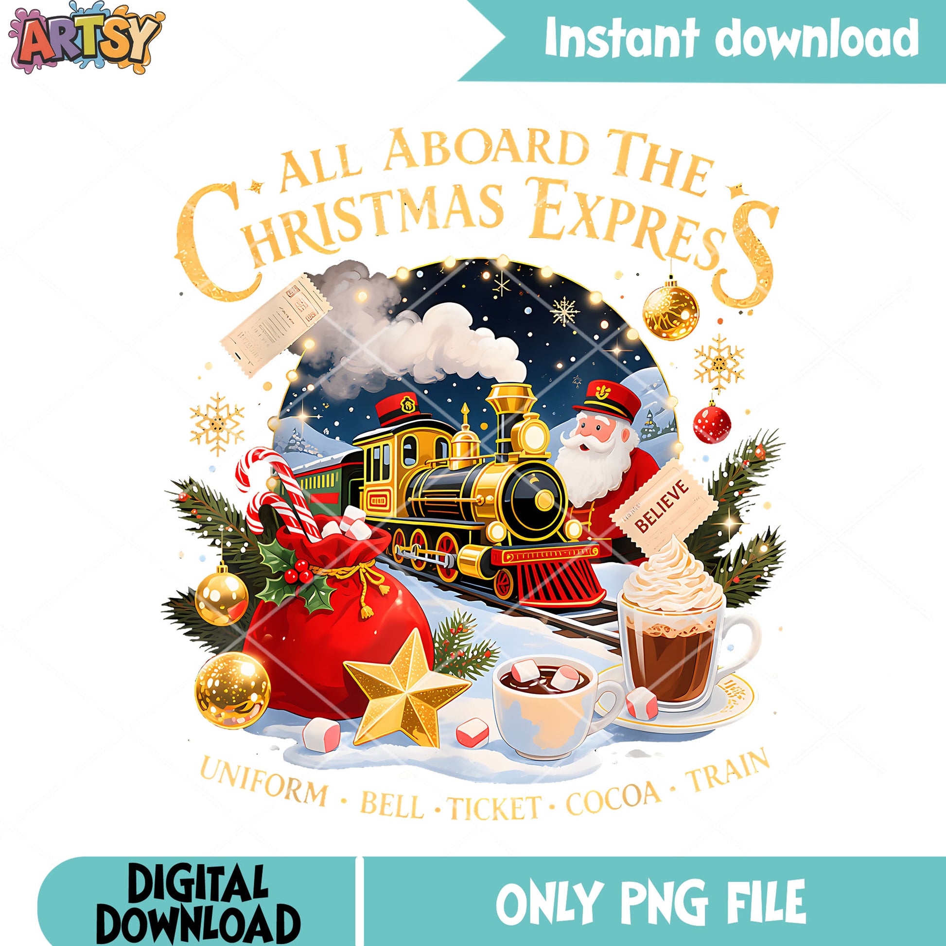 Uniform bell ticket cocoa train png, christmas png, hot chocolate png