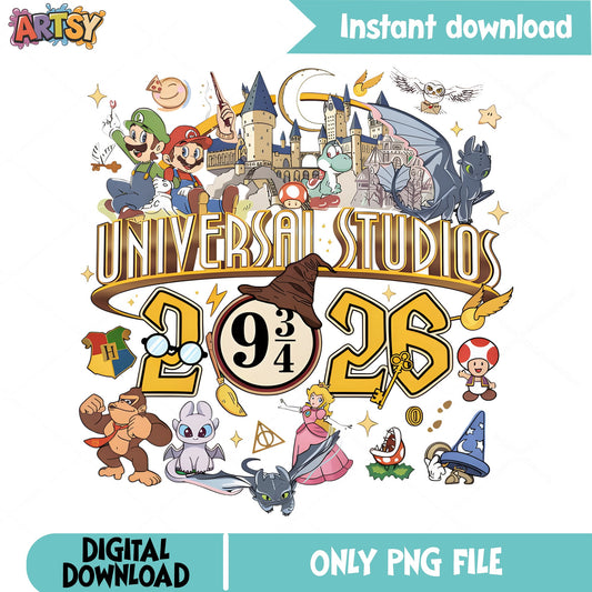 Universal Studios 2025 PNG, Harry Potter Mario PNG, Family Trip PNG