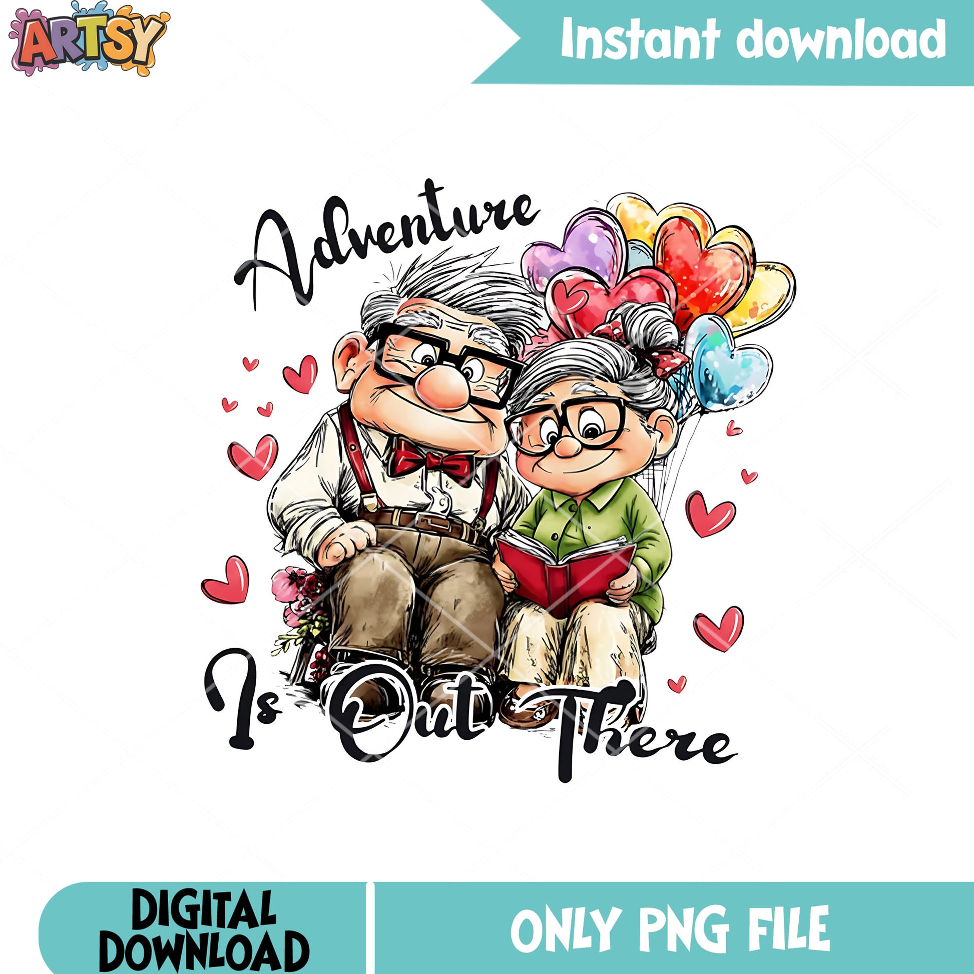 Up film couple png, elderly love png, valentine balloons png