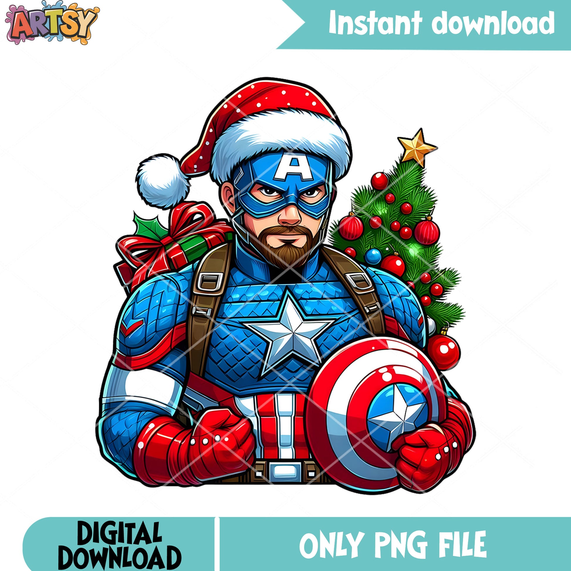 Usa christmas captain hero png, captain america png, christmas gifts png