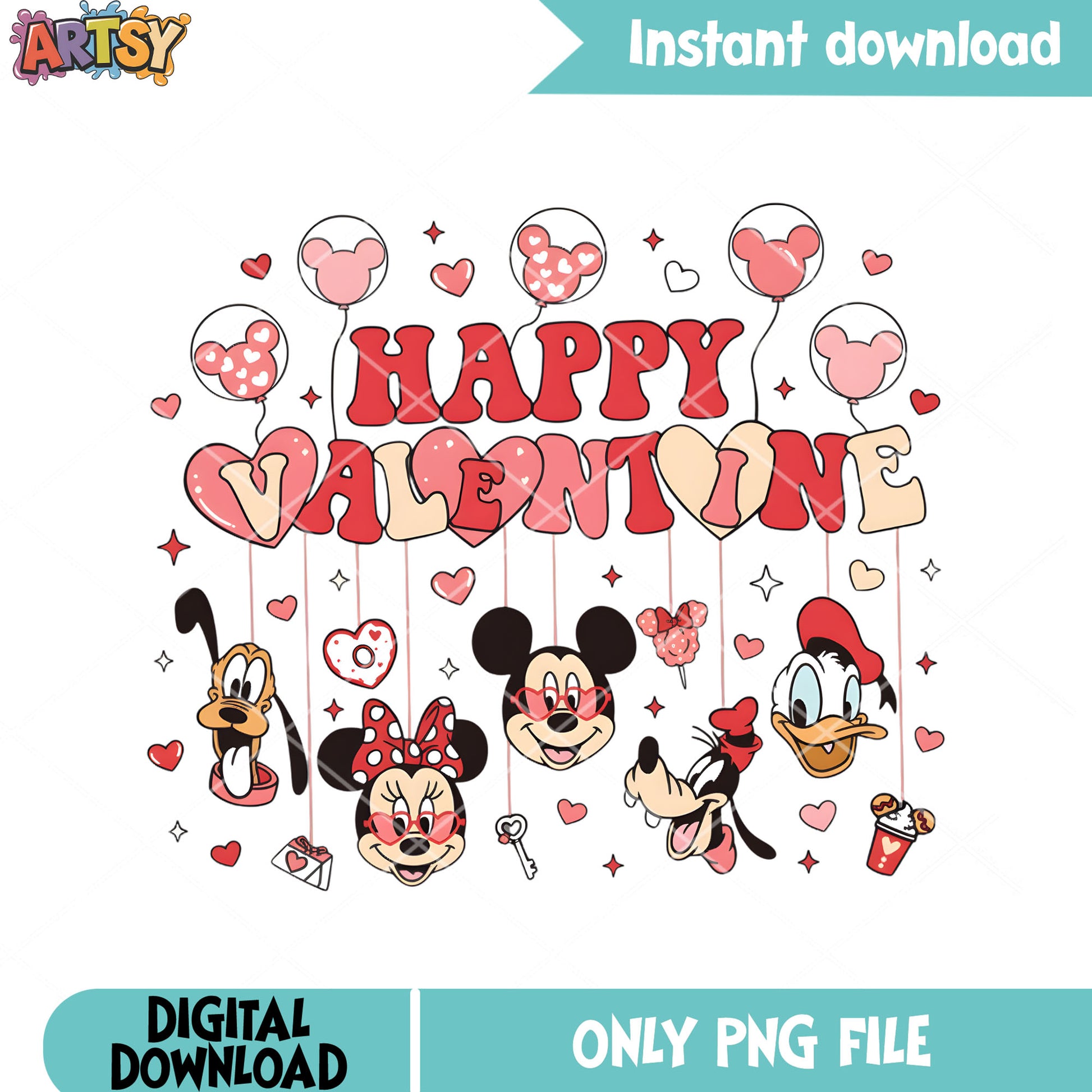 Valentine disney design png, happy valentine png, mickey friends png