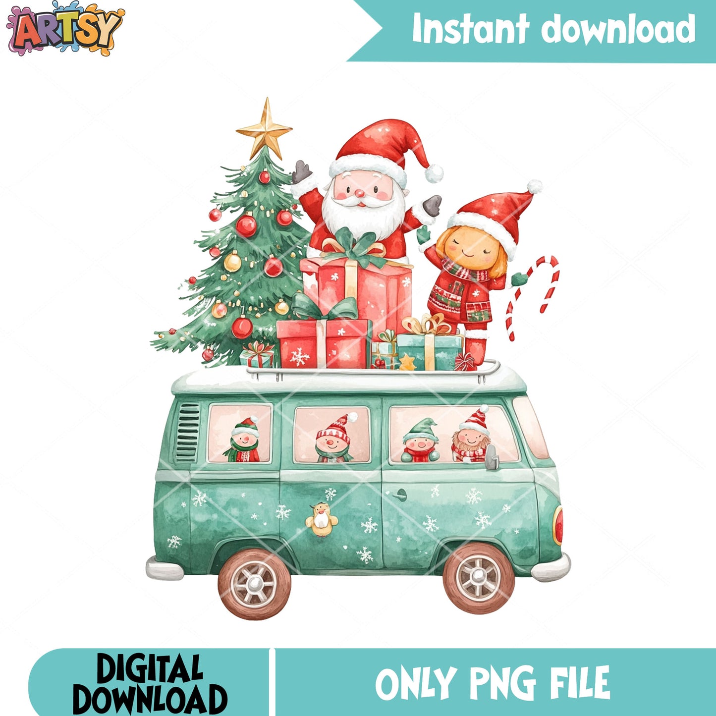 Van christmas poster png, santa claus png, christmas tree png