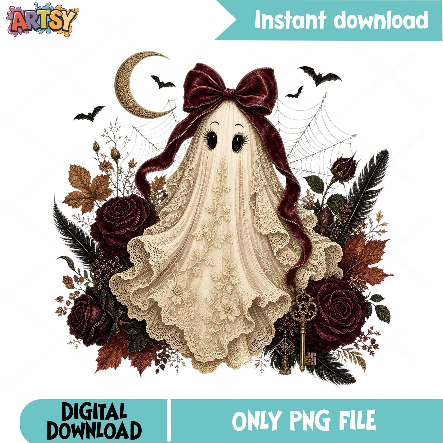 Vintage Floral Ghost PNG, Coquette Halloween PNG, Boho Ghost PNG