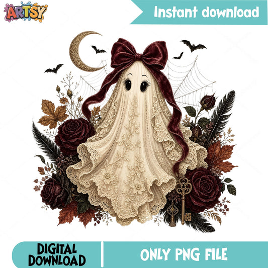 Vintage Floral Ghost PNG, Coquette Halloween PNG, Boho Ghost PNG