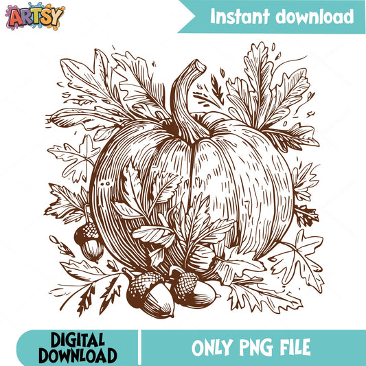 Vintage Pumpkin With Acorns And Leaves PNG, Fall Harvest PNG, Thanksgiving PNG