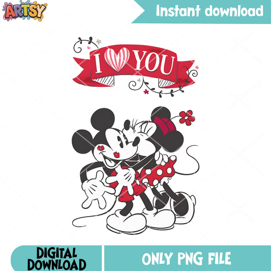 Vintage i love you mickey minnie png, valentine day png, mickey mouse png
