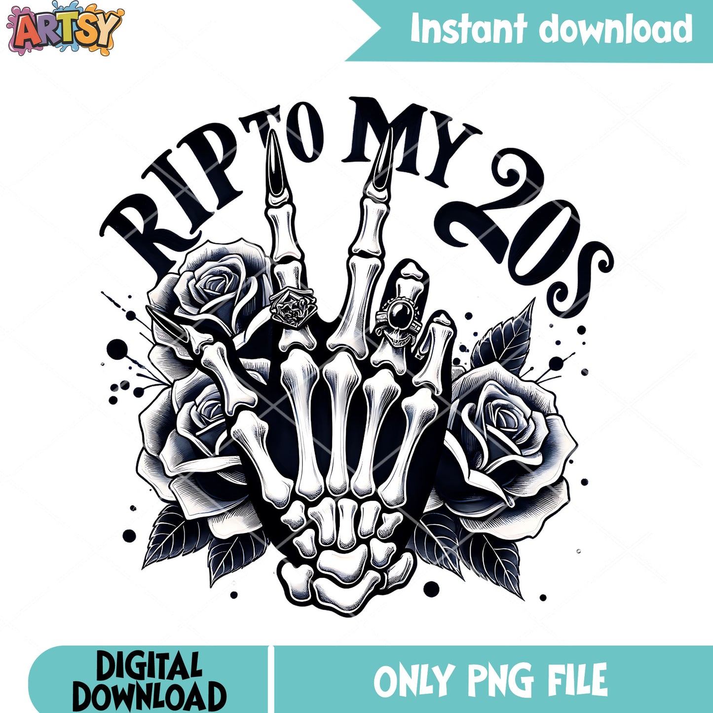 Vintage skeleton halloween png, white rose png, scary halloween png