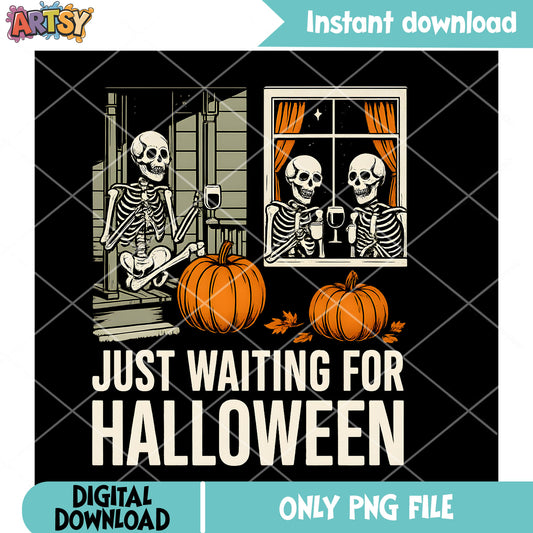Waiting for halloween skeleton png design, halloween skeleton png