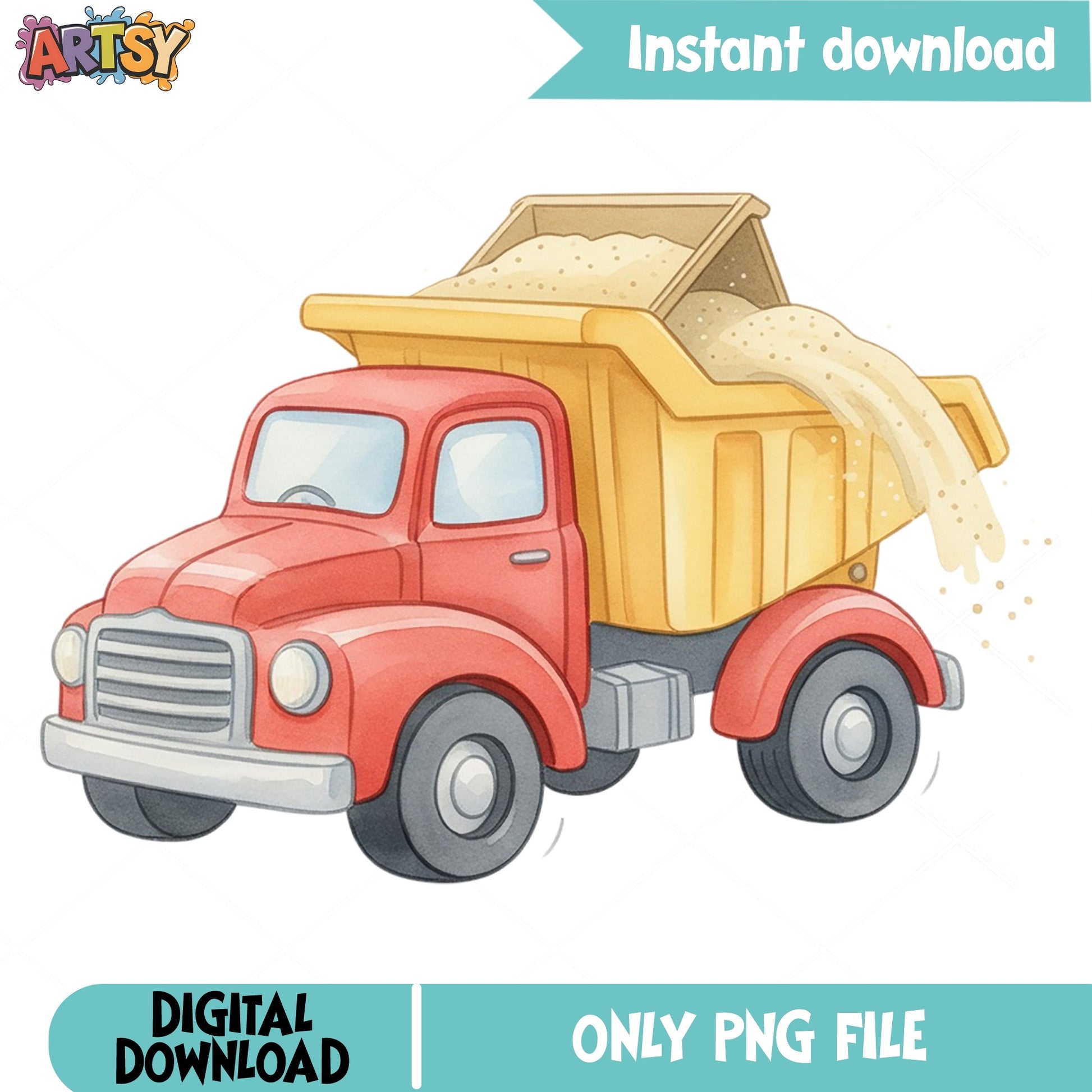 Watercolor Dump Truck PNG, Construction Truck Clipart, Kids PNG