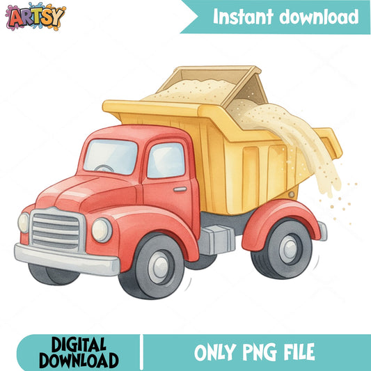 Watercolor Dump Truck PNG, Construction Truck Clipart, Kids PNG