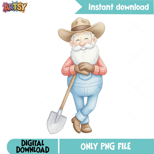 Watercolor Farmer Gnome PNG, Old Man Gardener Clipart, Farm PNG