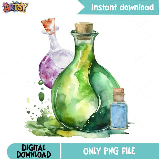 Watercolor Magic Potion Bottles PNG, Witch Potion PNG, Halloween PNG