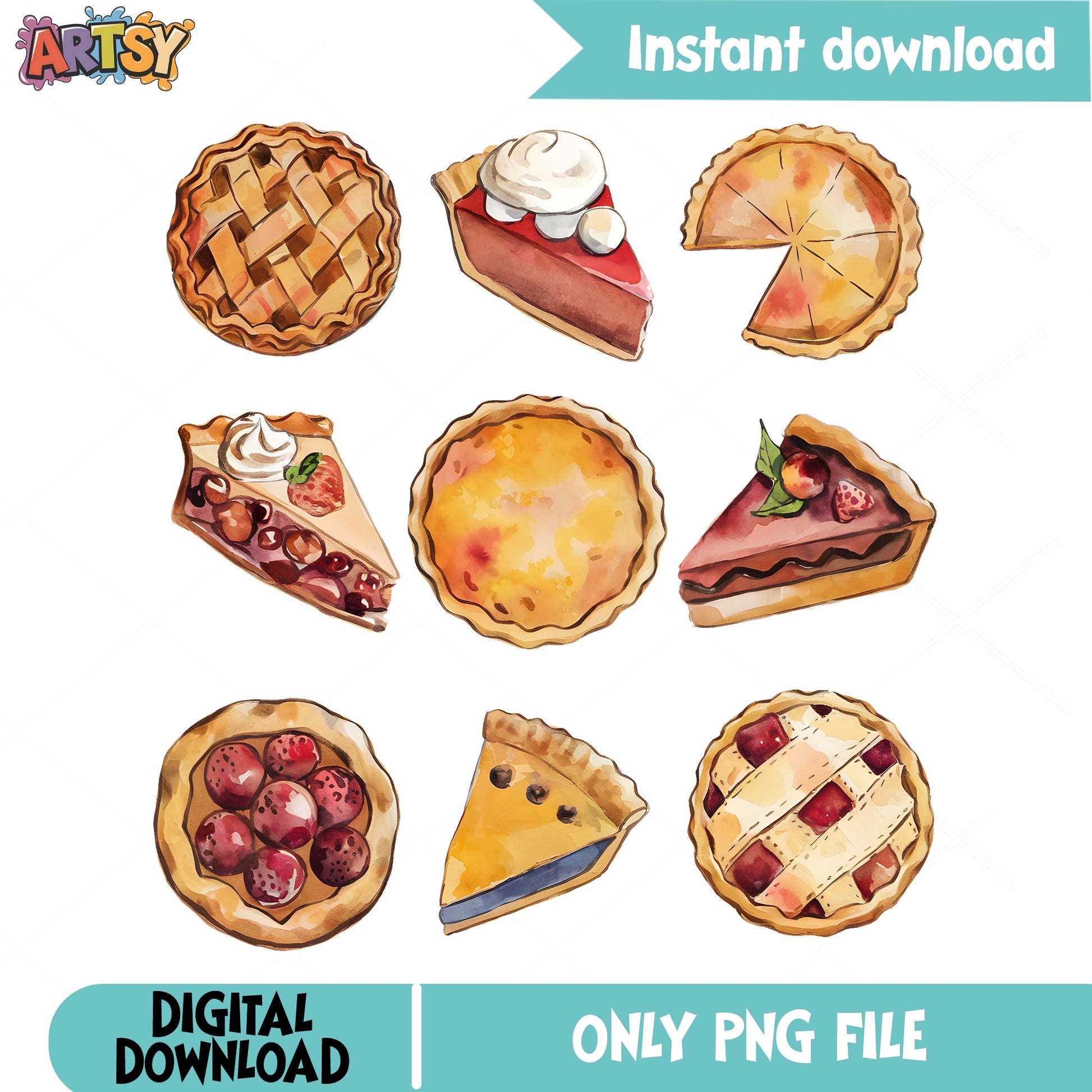 Watercolor Pie Clipart PNG Bundle, Baking Dessert PNG, Food PNG