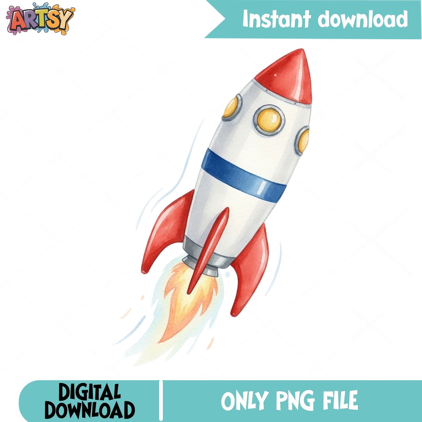 Watercolor Rocket Ship Clipart, Space Rocket PNG, Kids PNG