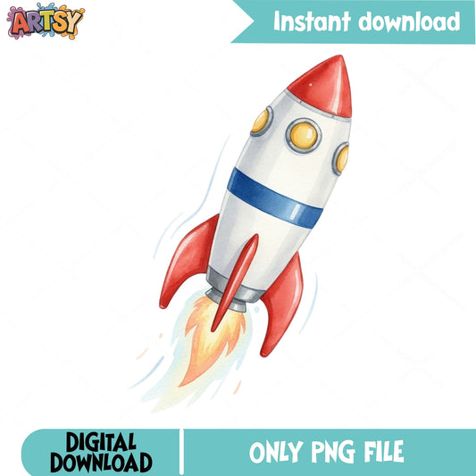 Watercolor Rocket Ship Clipart, Space Rocket PNG, Kids PNG