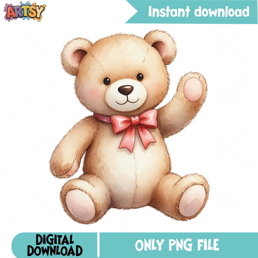 Watercolor Teddy Bear PNG, Cute Bear Clipart PNG, Bear With Bow PNG