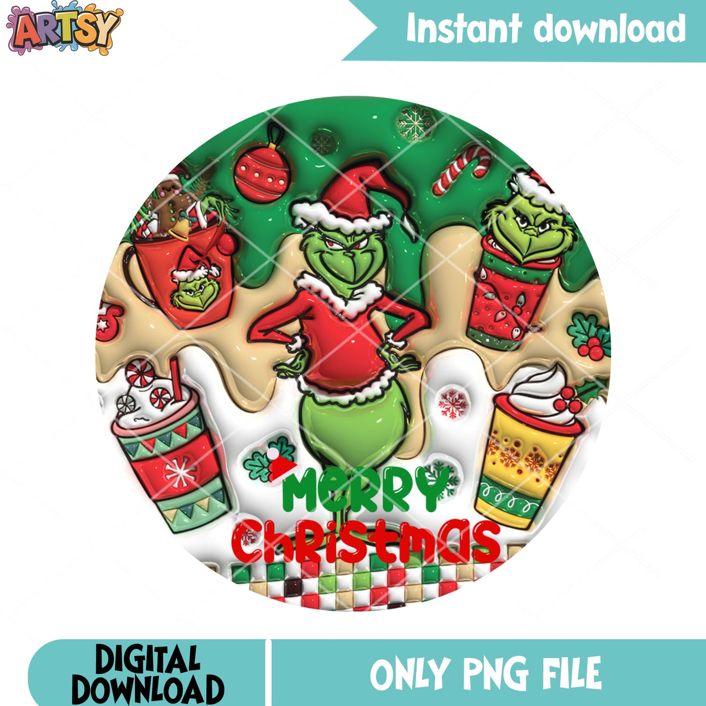 Whimsical green monster png, merry christmas png, holiday greeting png
