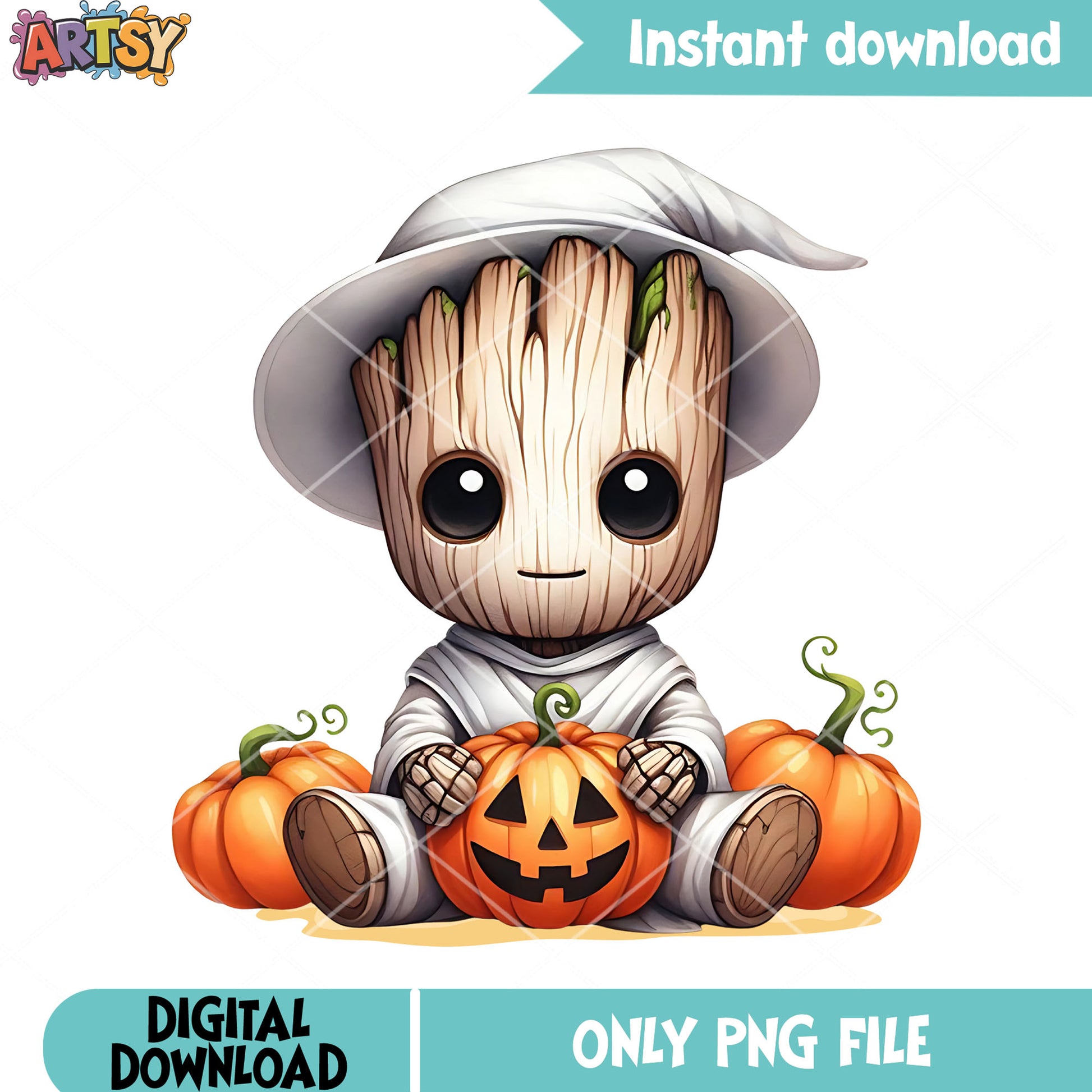 White dress groots pumpkin png, wicker pumpkin png, cute halloween png
